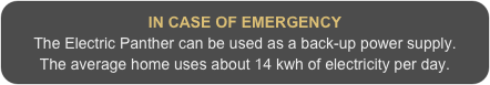 IN CASE OF EMERGENCY
The Electric Panther can be used as a back-up power supply.
The average home uses about 14 kwh of electricity per day.