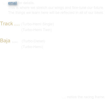    .... email for details.
        This is where we stretch our wings and fine-tune our future. 
        The things we learn here will be reflected in all of our bikes.

Track .... (Turbo-Hemi Single)
                     (Turbo-Hemi Twin) 

Baja ....    (Turbo-Diesel)
                     (Turbo-Hemi)









                                                             .... notice the racing frame.
