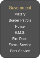 Government
Military
Border Patrols
Police 
E.M.S.
Fire Dept.
Forest Service
Park Service